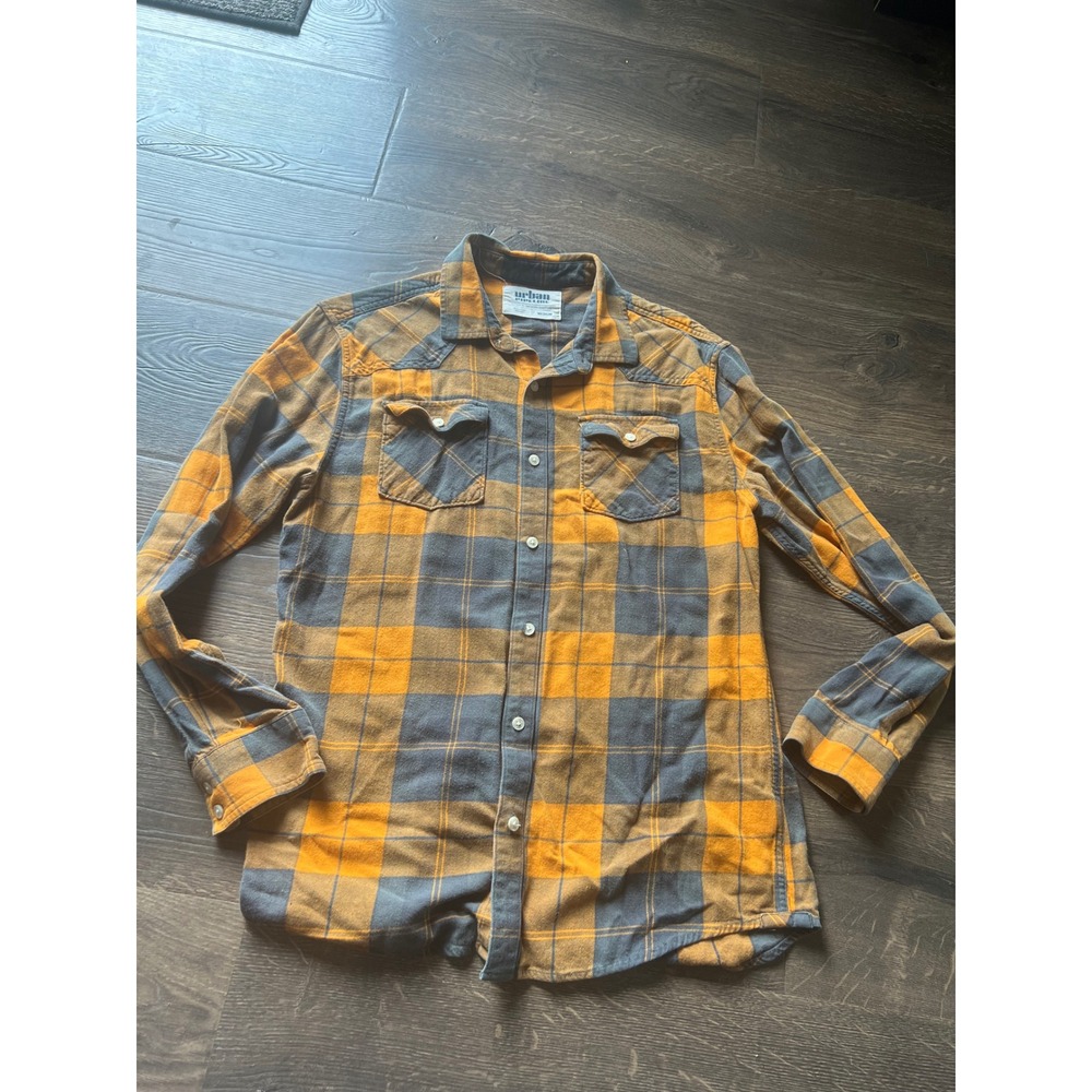 Urban Pipeline Mens Medium Flannel Shirt Orange Grey Plaid Western Long Sleeve